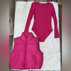 No Boundaries Pink Puffer Vest and One Piece with Long Sleeves Body Suit